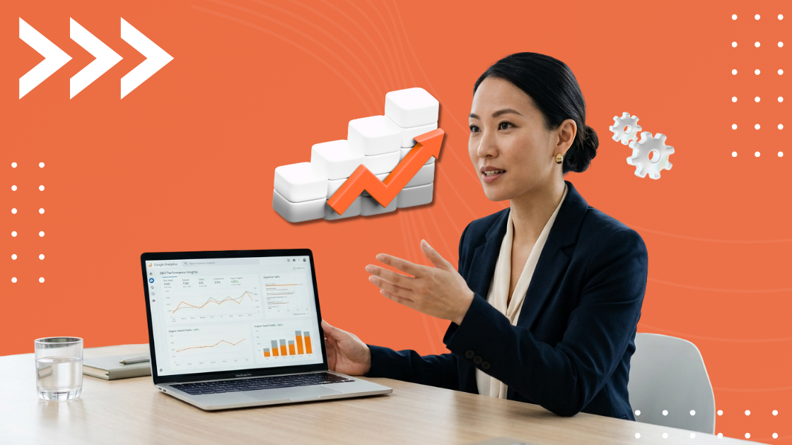 Professional woman presenting SEO analytics on a laptop with growth chart graphics and orange background