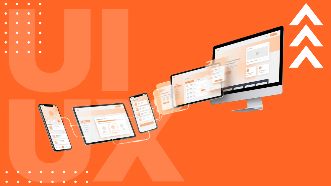 UI UX design across multiple devices including smartphone, tablet, and desktop with connected interface screens on an orange background