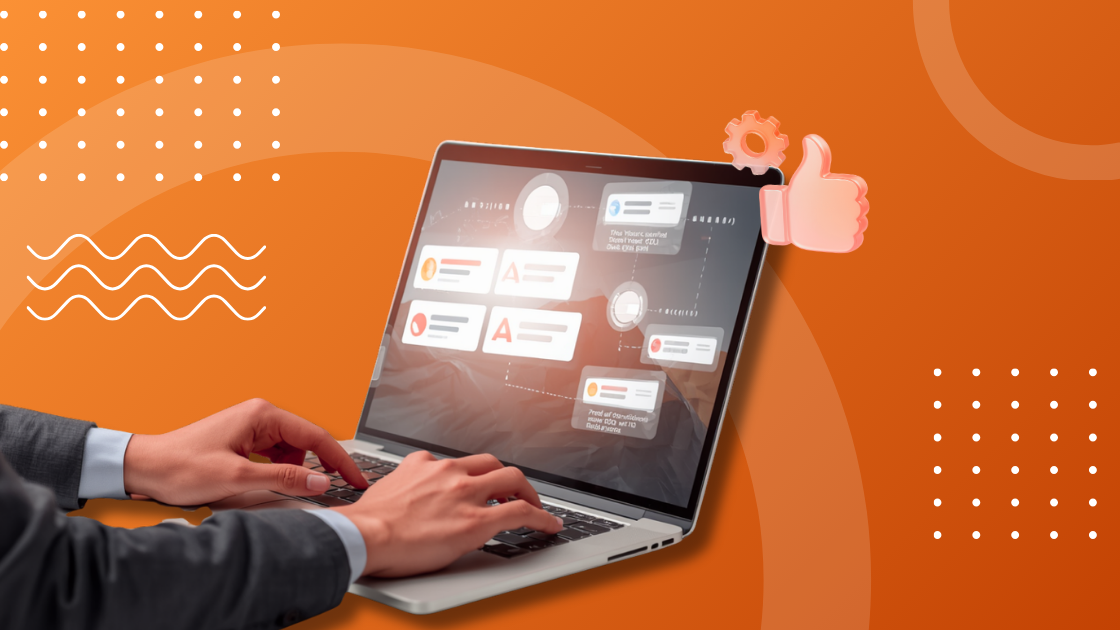 Laptop marketing illustration with phone displaying social media content and branding visuals.
